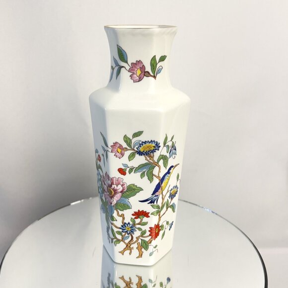 Aynsley Pembroke Vintage Vase Fine Bone China England Floral Bird Hexagonal 7” - Picture 10 of 10